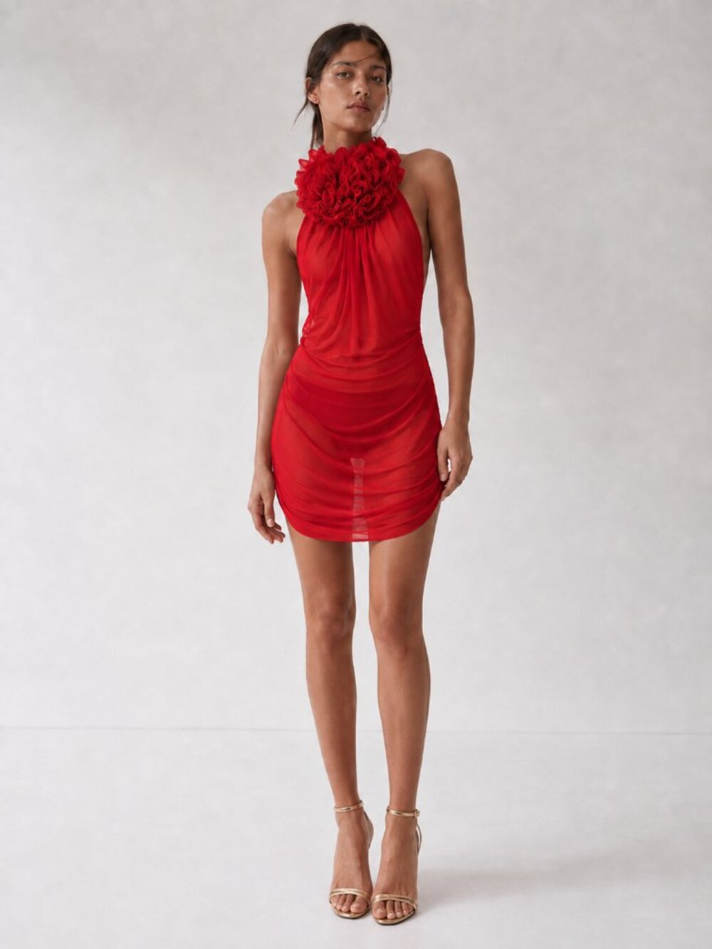 FANCI CLUB Red Mesh Halter Rosette Neck Open Back Semi Sheer Mini Dress